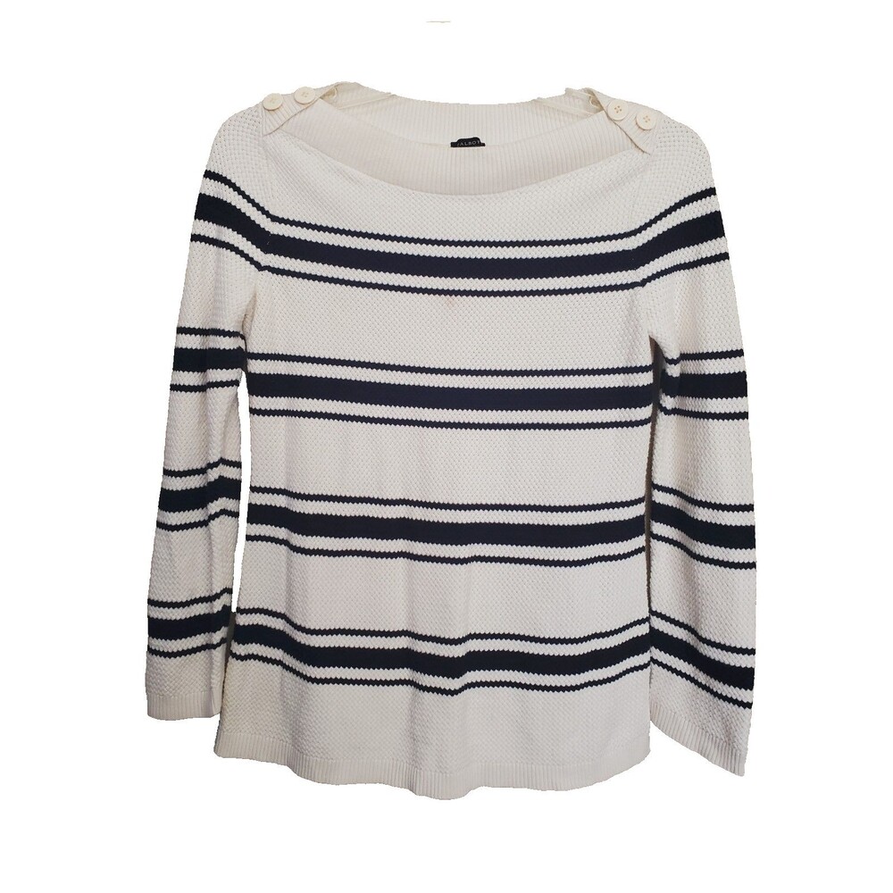 Talbots Basketweave Ivory Striped Boat Neck Button-Accent Sweater Size Medium